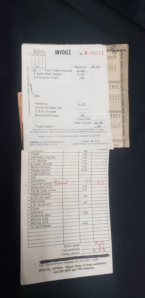 Cornell Electronics Company Mail Order Catalog / Invoice / Price Lists