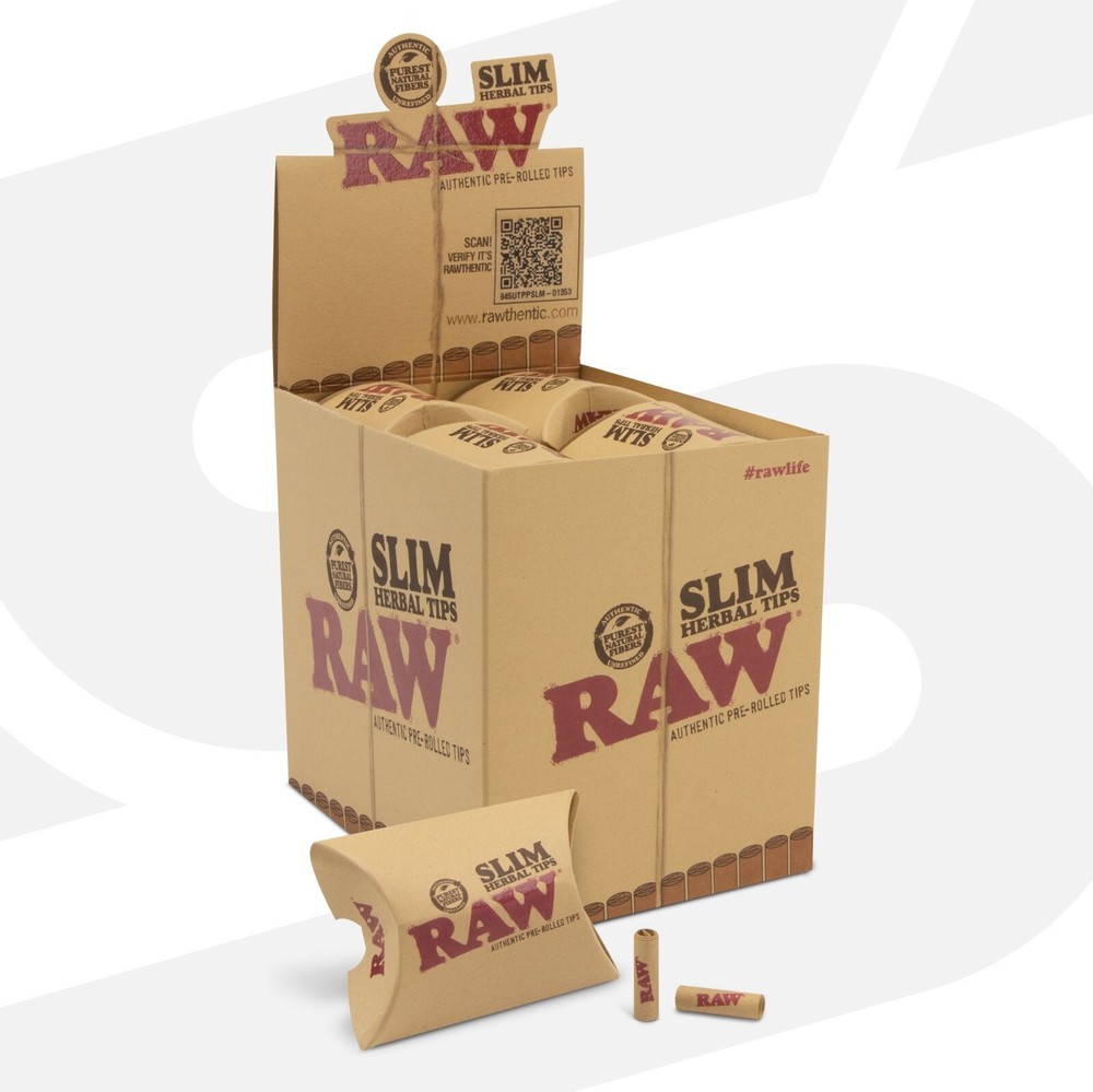 RAW Herbal Pre-Rolled Slim Tips | 20 Packs per box