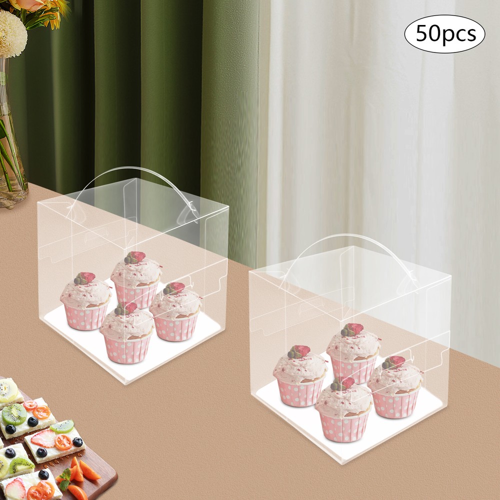 50 Pcs Clear Cake Boxes, Square Clear Cake Boxes, Cake Carrier with Handle