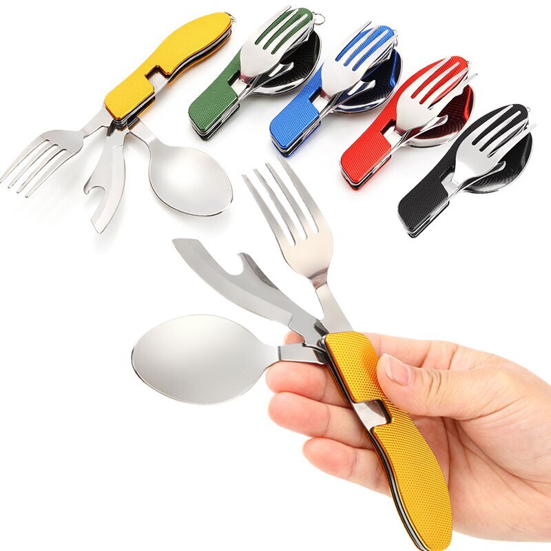 4 in1 Multifunctional Outdoor Tableware S/S Foldable Fork Spoon Knife Picnic