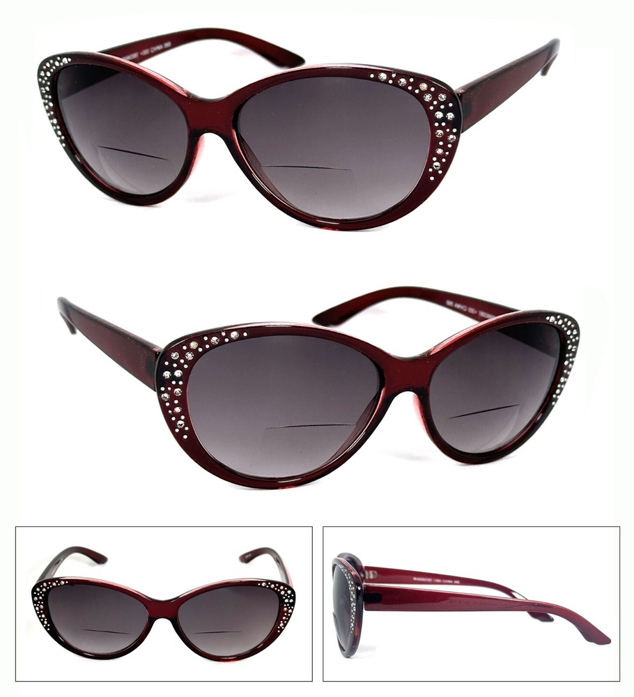 Cat Eye Bifocal Sunglasses Sun Reader with Rhinestones Translucent Red Frame