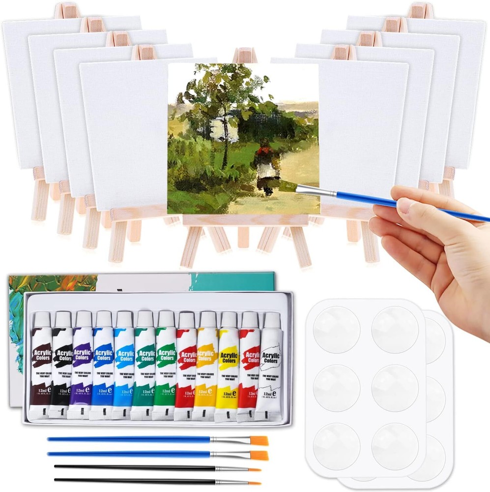 Mini Canvas and Easel, Cridoz 47 Pieces Small Canvas Painting Set Includes Mini