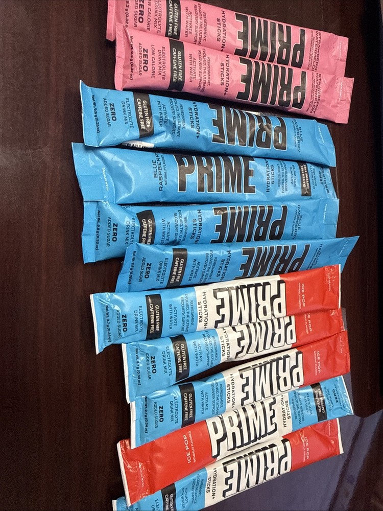 11 Prime Hydration Sticks. 2 Strawberry, 4 Blue Raspberry, 4 Ice Pop