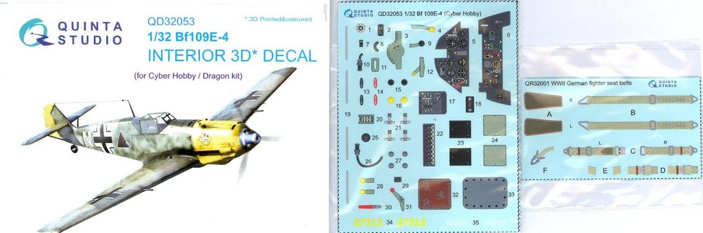 Quinta Studios 1/32 MESSERSCHMITT Bf-109E-4 DECAL COLORED INTERIOR SET Dragon