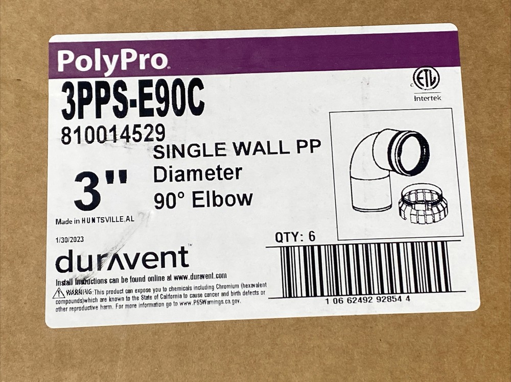 Duravent PolyPro 3PPS-E90C 3” Single Wall PP 90-degree Elbow Qty:6 New