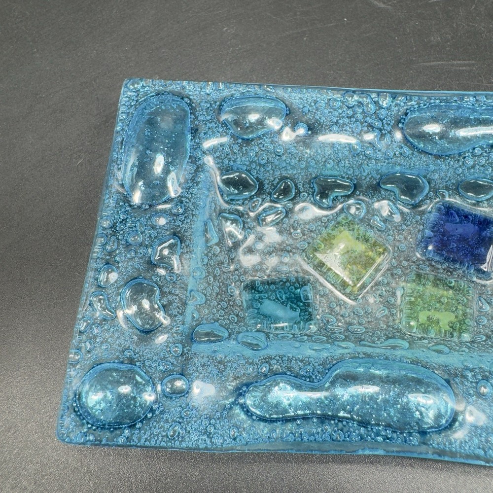 Vintage Hand Made Rectangular Trinket Dish Holder Container Plate Blue Bubbles