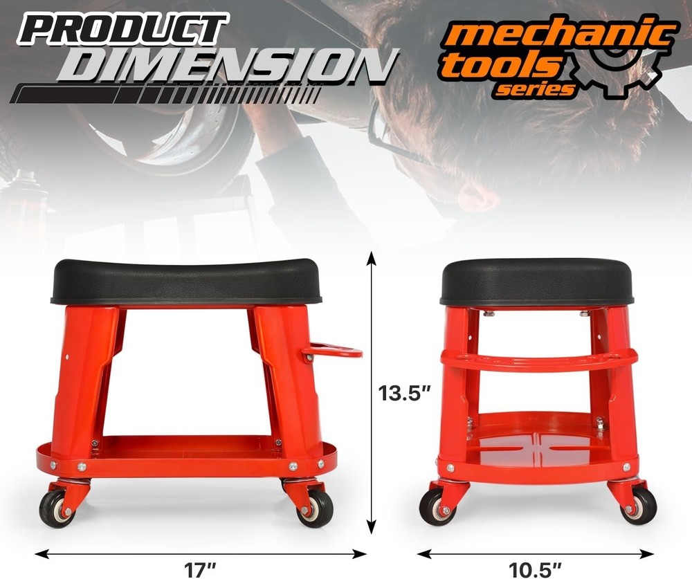 Garage Rolling Work Seat 300LBS Capacity Mechanics Stool with Wheels Rectangle S