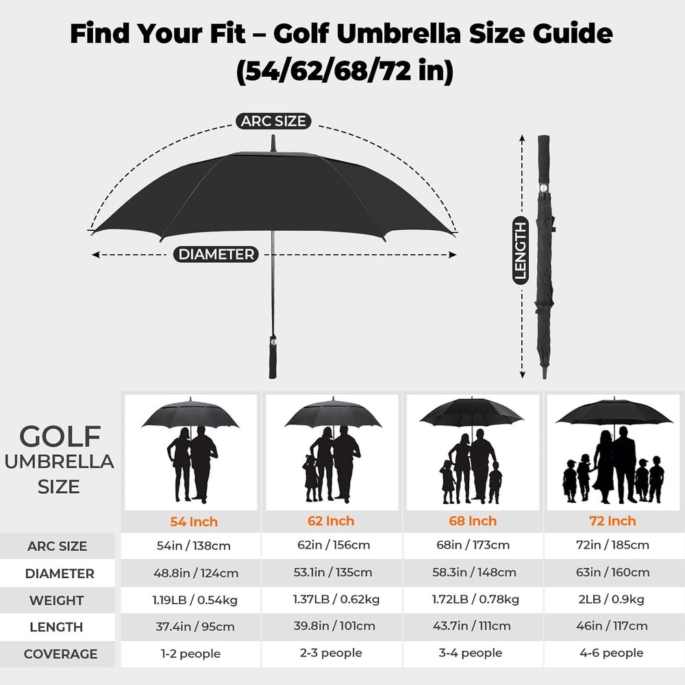 Automatic Open Golf Umbrella 54/62/68/72 inch Extra Large Oversize Double Canopy