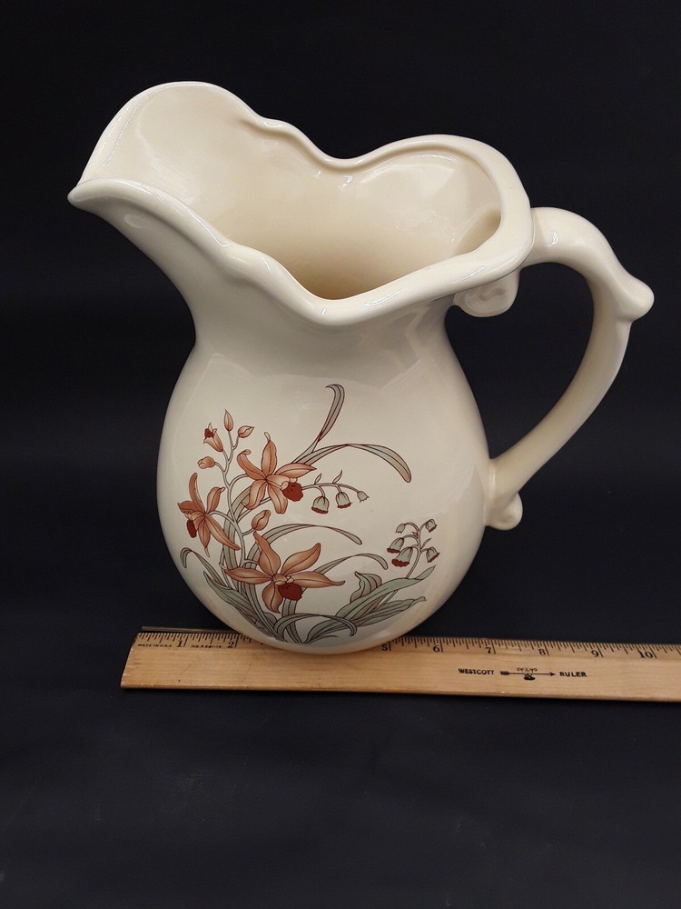 Vintage Stoneware Water Pitcher Orange Flowers