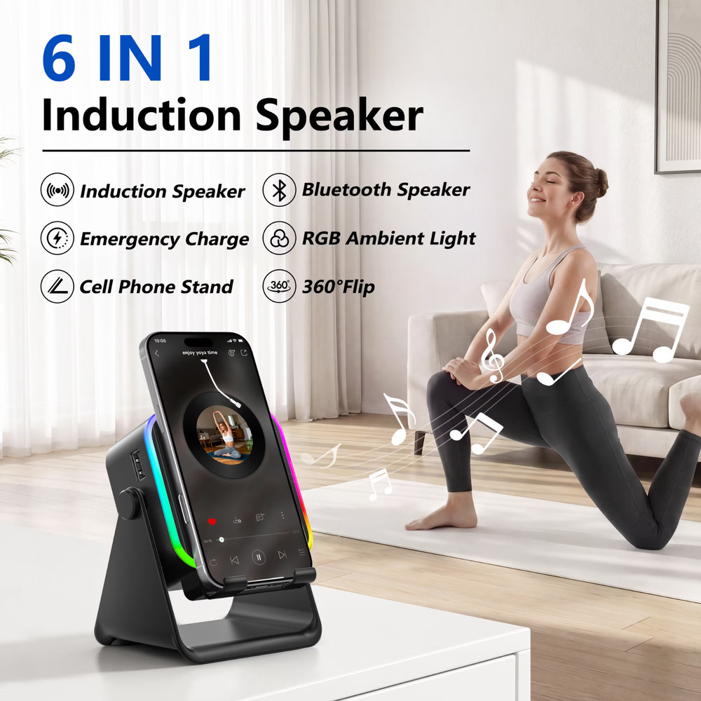Wireless Induction Speaker, 5-in-1 Protable Bluetooth Speaker with Phone Stand