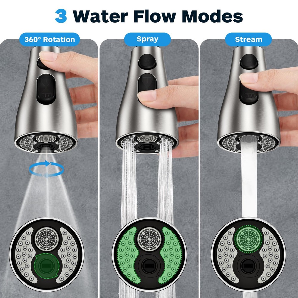 Kitchen Faucet Head Replacement 3 Modes with 17 Adapters, Pull Down Spray Hea...