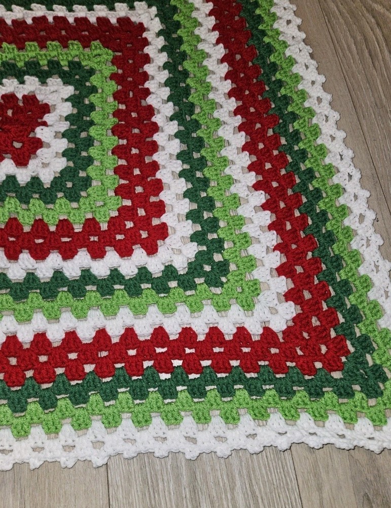 Handmade Crochet Afghan Throw 38" Square Red, Green, And White
