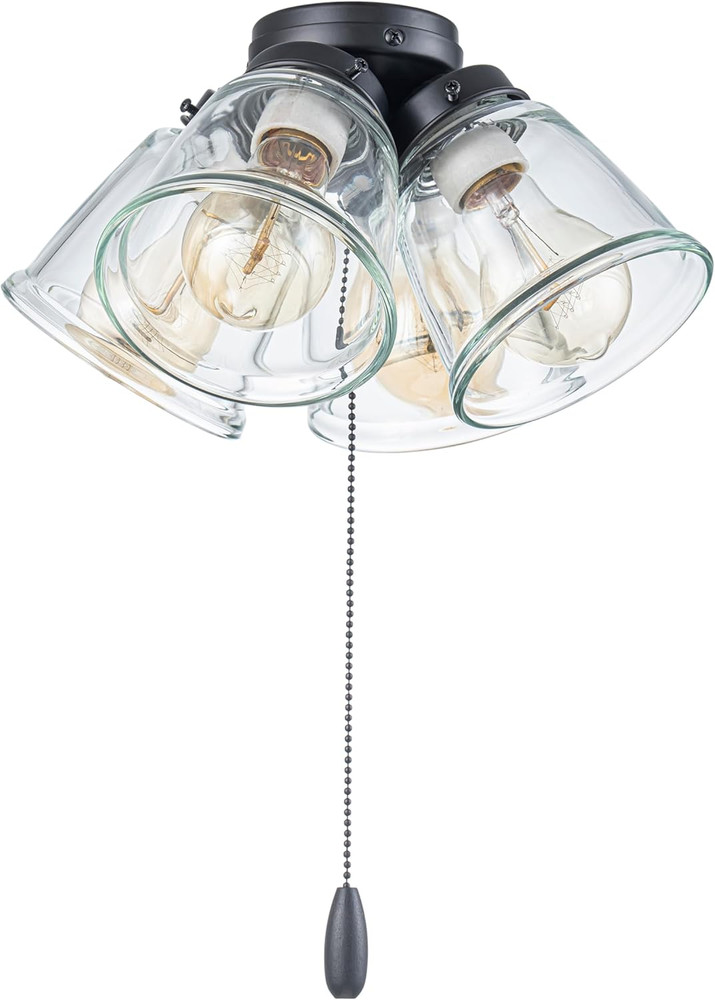 22017-1, Four-Light Ceiling Fan Light Kit with Pull Chain, Matte Black Finish wi