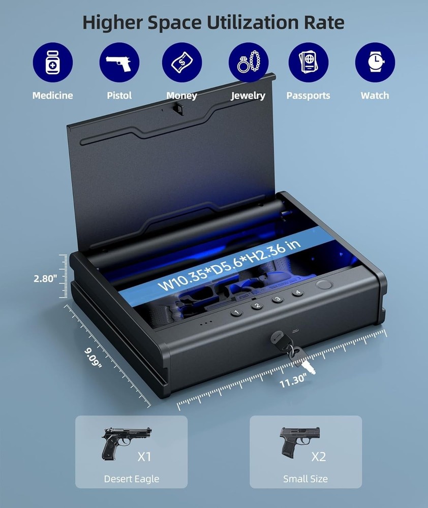 Quick Access Fingerprint Pistol Safe with Interior Light Features