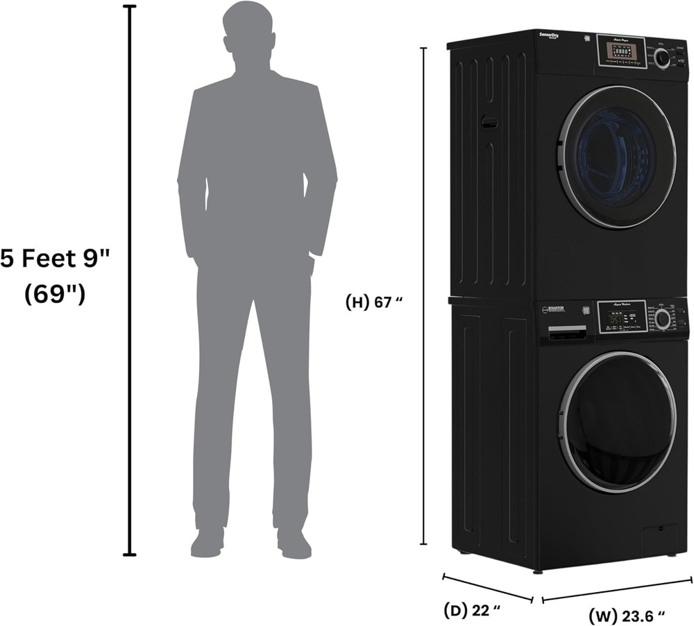 COMPACT STACKABLE LAUNDRY Washer EW 822 1.57Cf + Dryer ED 866 3.1Cf 110V (Black)