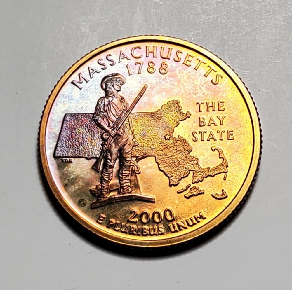 TONED 2000 S MASSACHUSETTS STATE QUARTER CLAD PROOF UNC #C7661