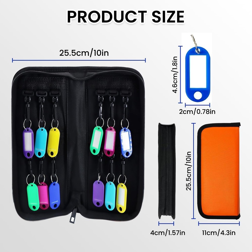 Zippered Key Organizer Portable Case Waterproof Fireproof 12 Hooks Tags Brown