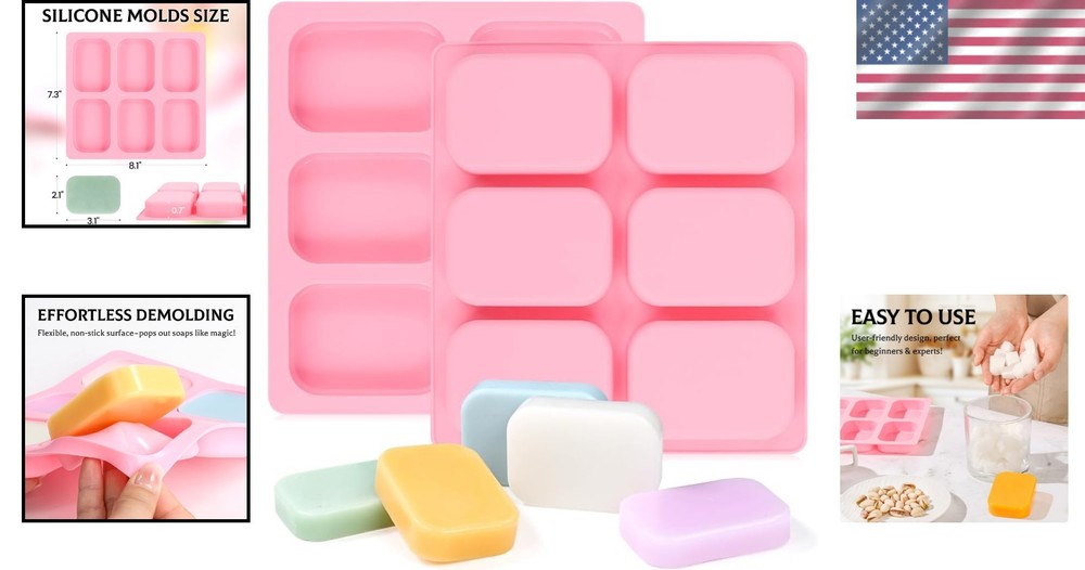 Versatile 6 Cavity Rounded Rectangle Silicone Molds for Soap & Crafts - 2 Pack