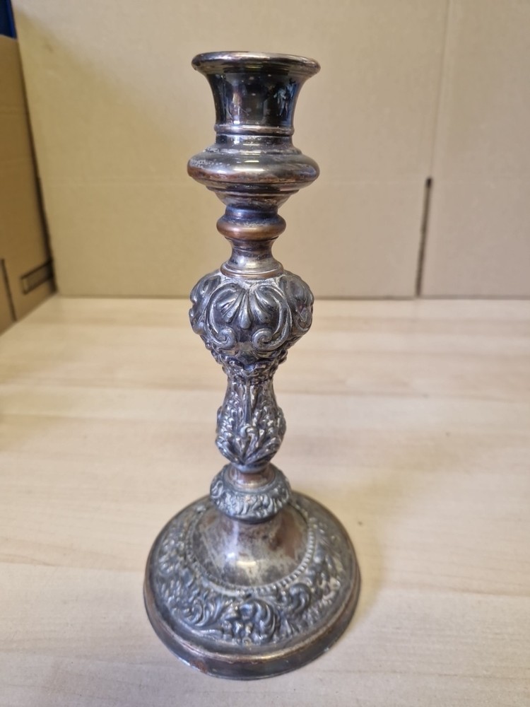 Antique Weighted Silverplate on Copper Candlestick Embossed Pattern 25cm Tall