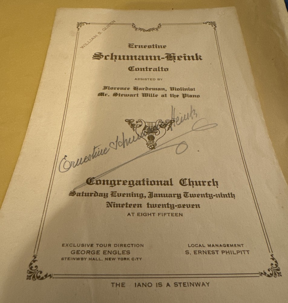 Ernestine Schumann Heink 1927 SIGNED Concert Program