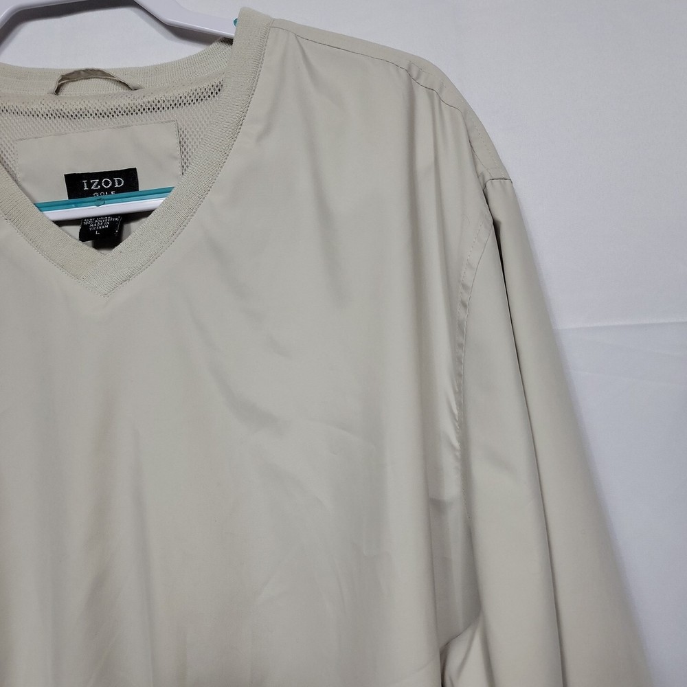IZOD Golf Windbreaker Mens Large Pull Over Lined Pockets Beige Performance