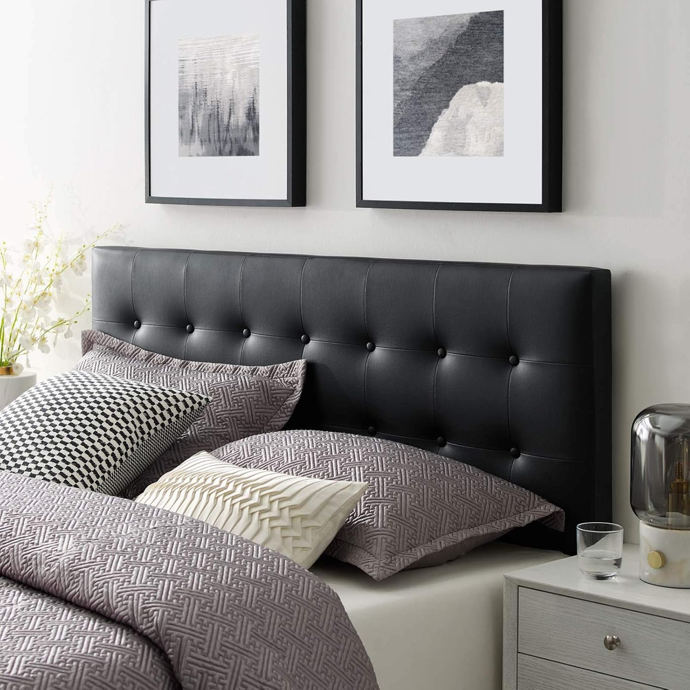 Emily Button Tufted Faux Leather Upholstered Full Headboard in Black