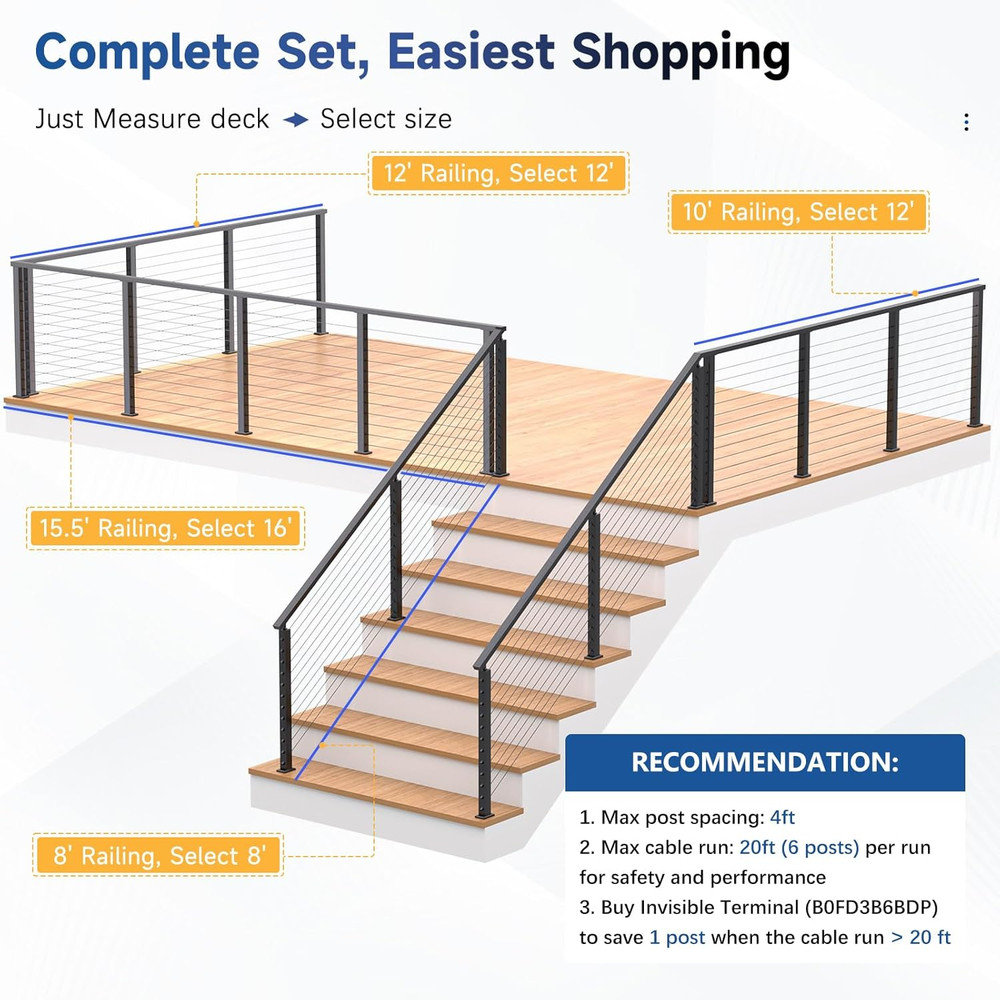 42" Deck Cable Railing System Kit with Adjustable Handrail & Stainless Steel Pos