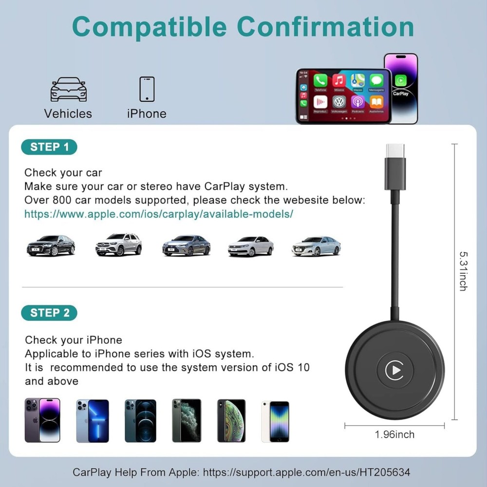 Wireless CarPlay Adapter for Apple iPhone iOS 10+ Plug & Play 2024 Upgrade TypeC