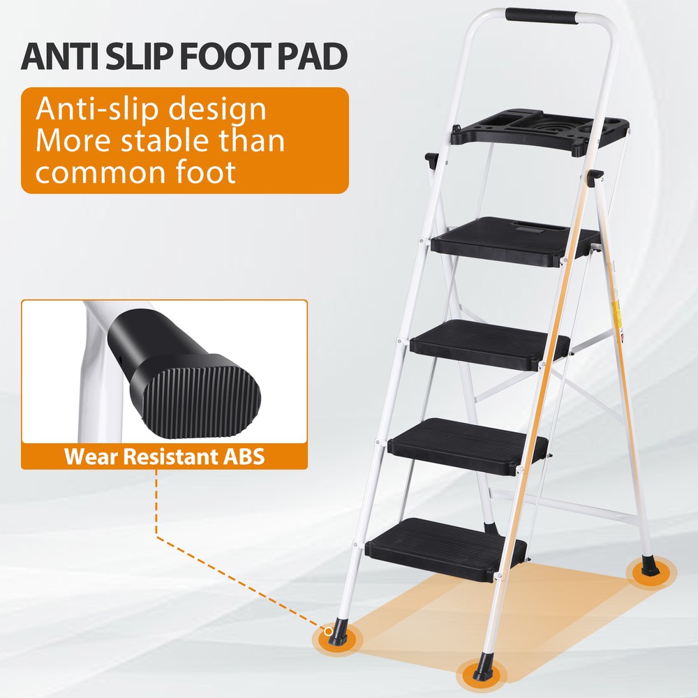 4 Step Ladder with Tool Platform Folding Step Stool with Anti-Slip Pedal White