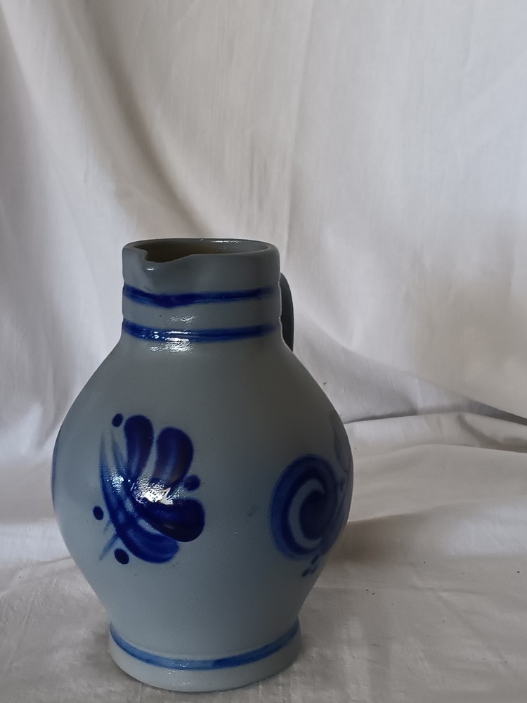 Blue Salt Glazed Stoneware Pitcher 7.5" Tall