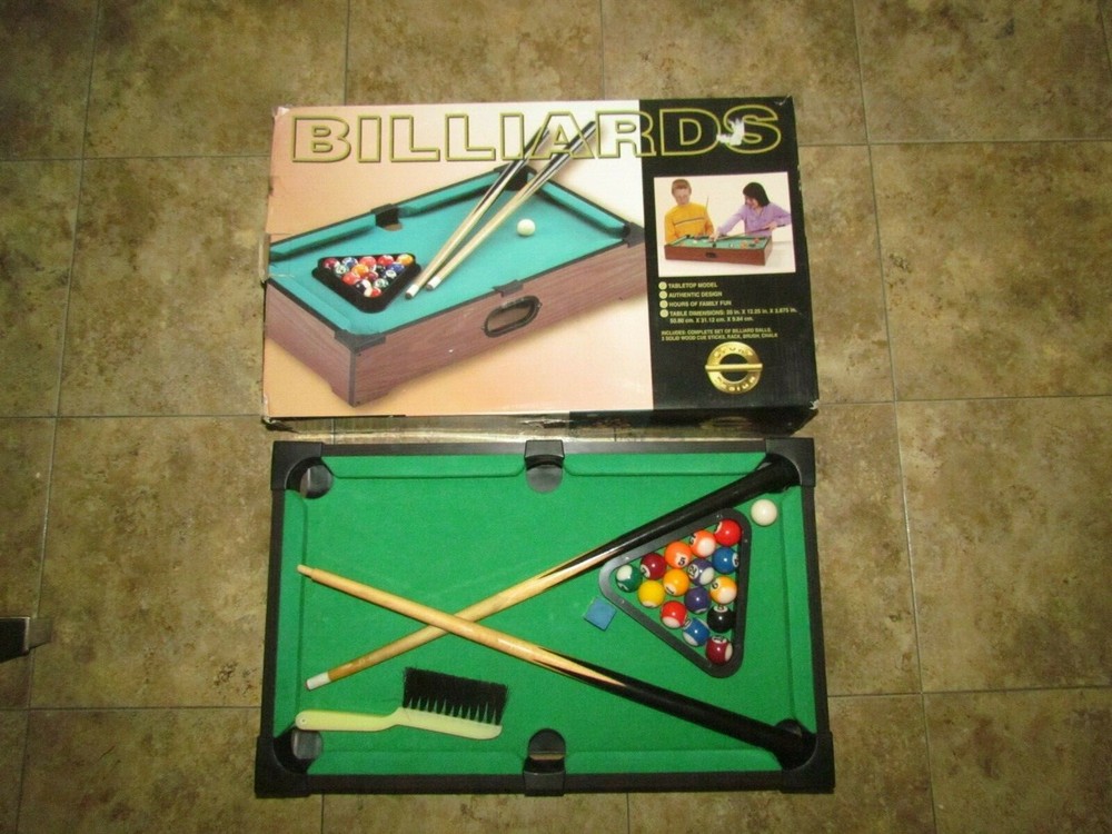 MINI BILLIARDS TABLE TOP BOX COMPLETE 2 STICKS BALLS RACK BRUSH CHALK