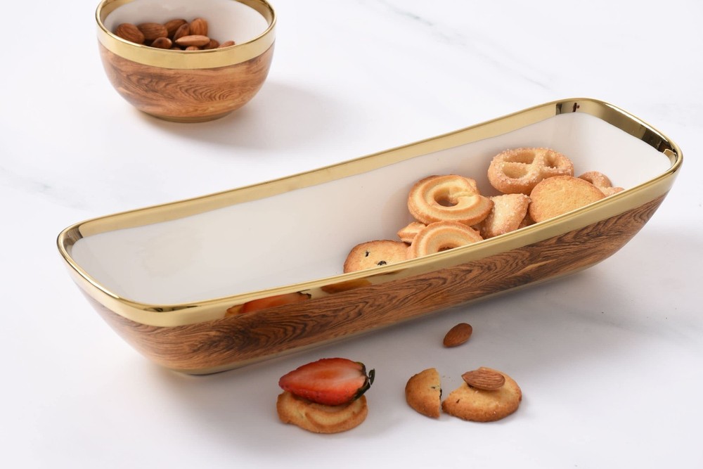Pampa Bay Wood Look Titanium-Plated Porcelain Deep Rectangular Server, 14 x 4.5