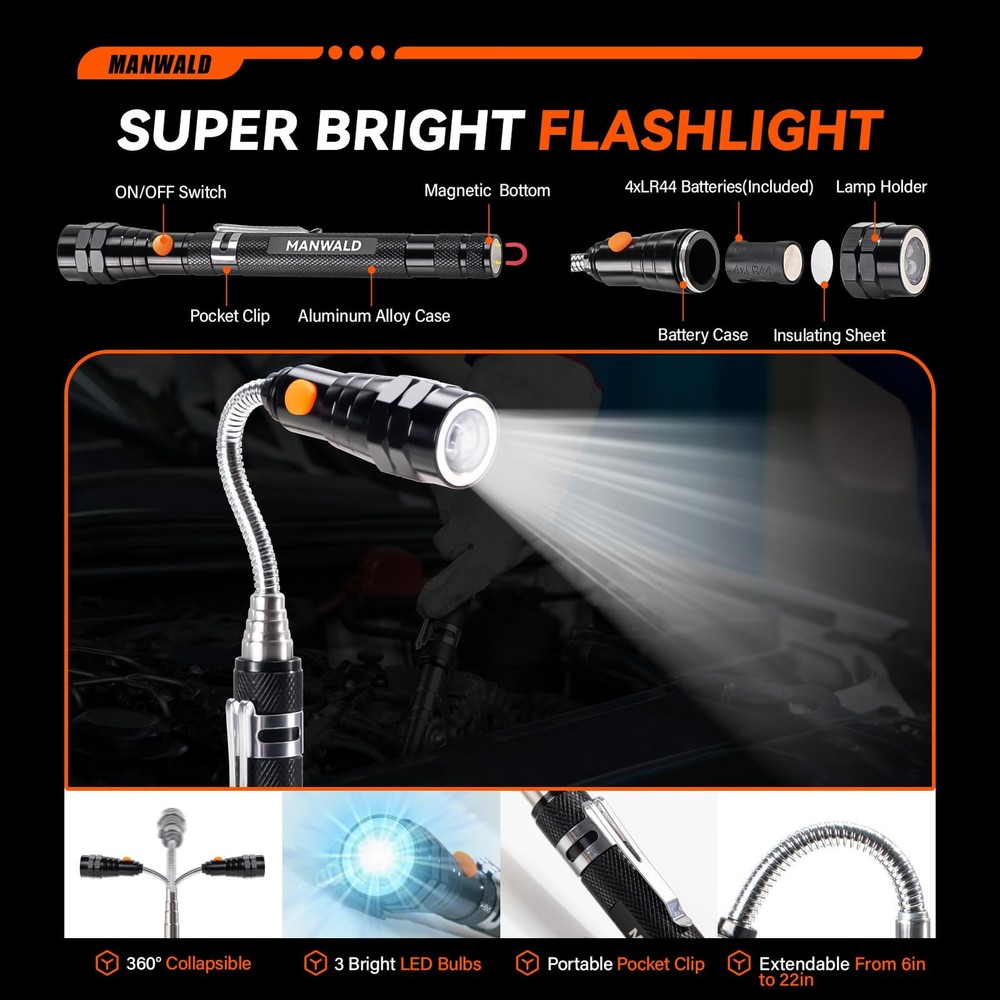 Telescoping Magnetic Pickup Tool Set with Portable Bag, Extendable Flashlight...