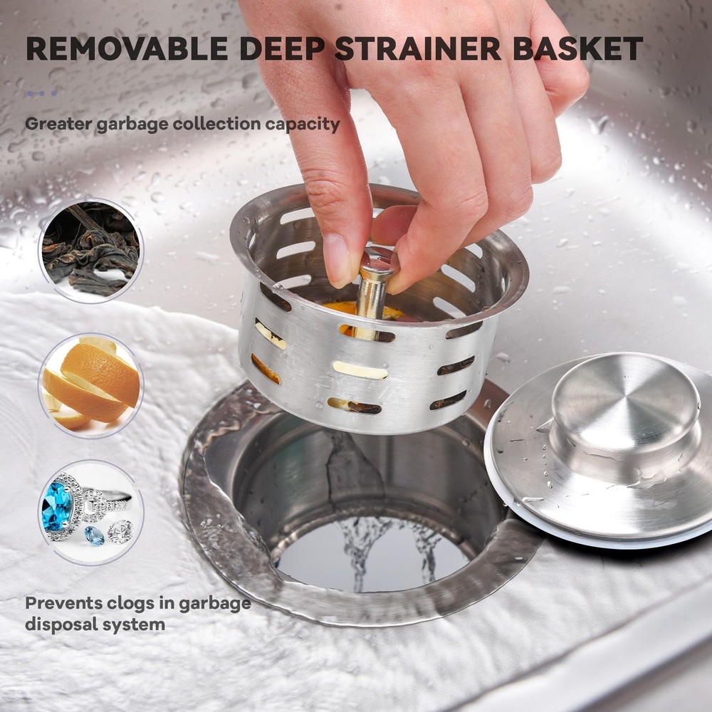 Extended Garbage Disposal Flange with Strainer and Stopper, Deep 304 Stainles...