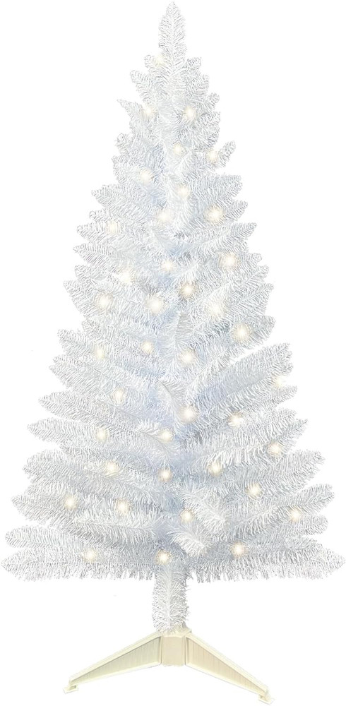 4FT Artificial White Tinsel Christmas Tree with Lights & Stand Home Office Decor
