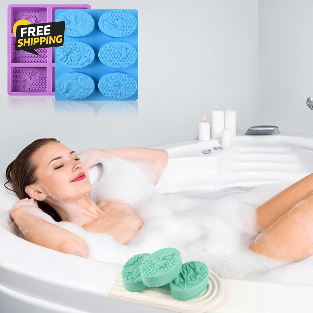 2 Pack 6 Cavity Bee Silicone Soap Molds Rectangle Oval Honeycomb Silicone Molds