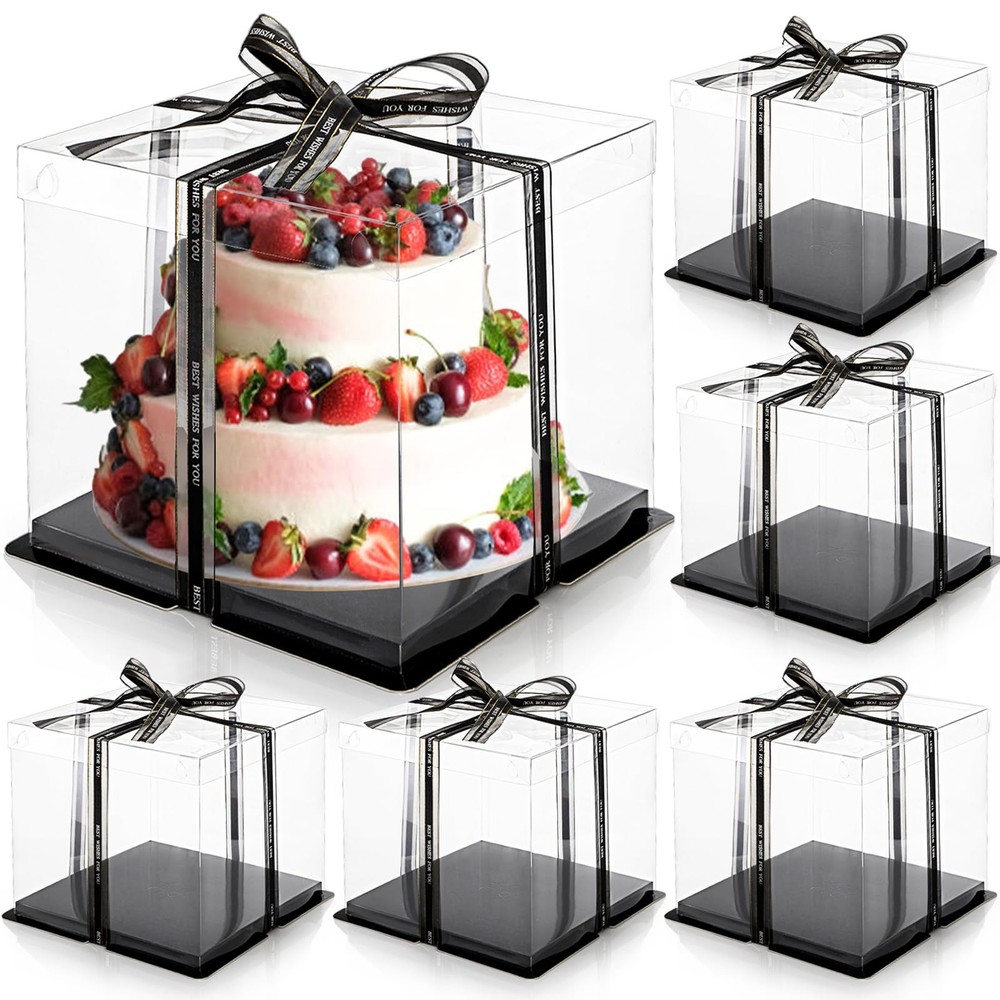 6 Pack Clear Cake Box with Ribbon 2-Layer Tall Carrier Packaging Boxes 10x10x9