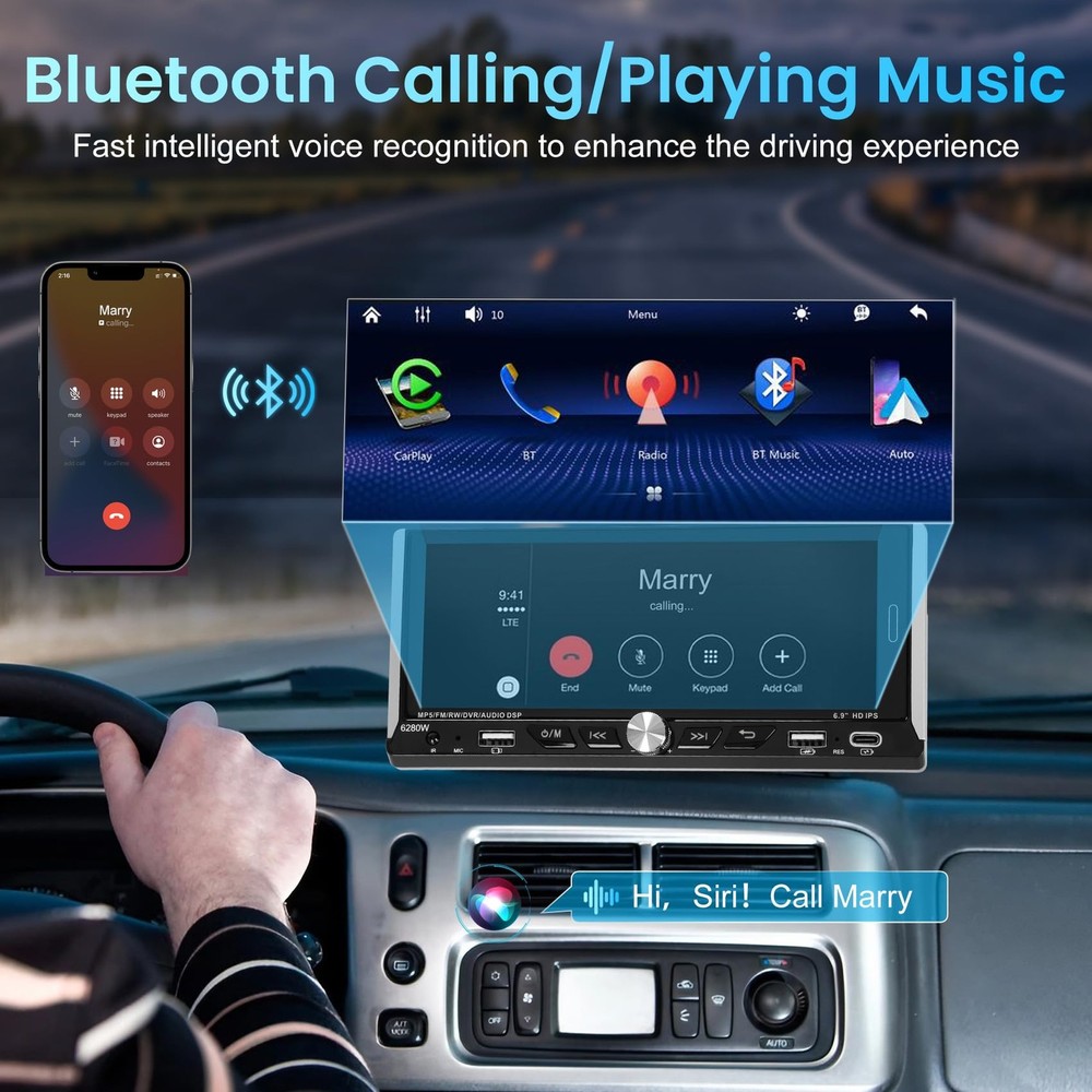 6.9 INCHES SINGLE DIN TOUCHSCREEN CAR STEREO WITH WIRELESS APPLE CARPLAY ANDROID