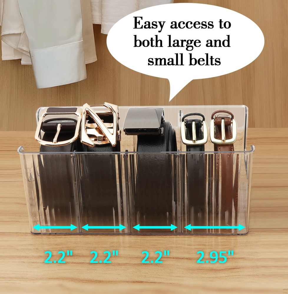 2 Pack Acrylic Belt Organizer, 4 Adjustable Compartments, Stackable, Clear