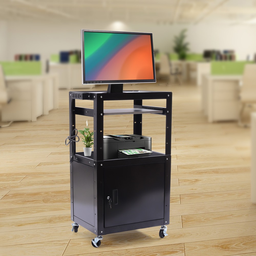 Portable Av Cart Multipurpose Rolling Small Office Laptop Table w/ Power Socket
