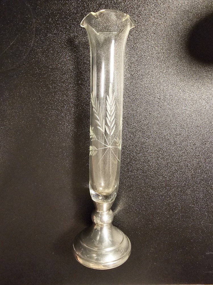 7.25” Etched Crystal Bud Vase with pewter Base by Web