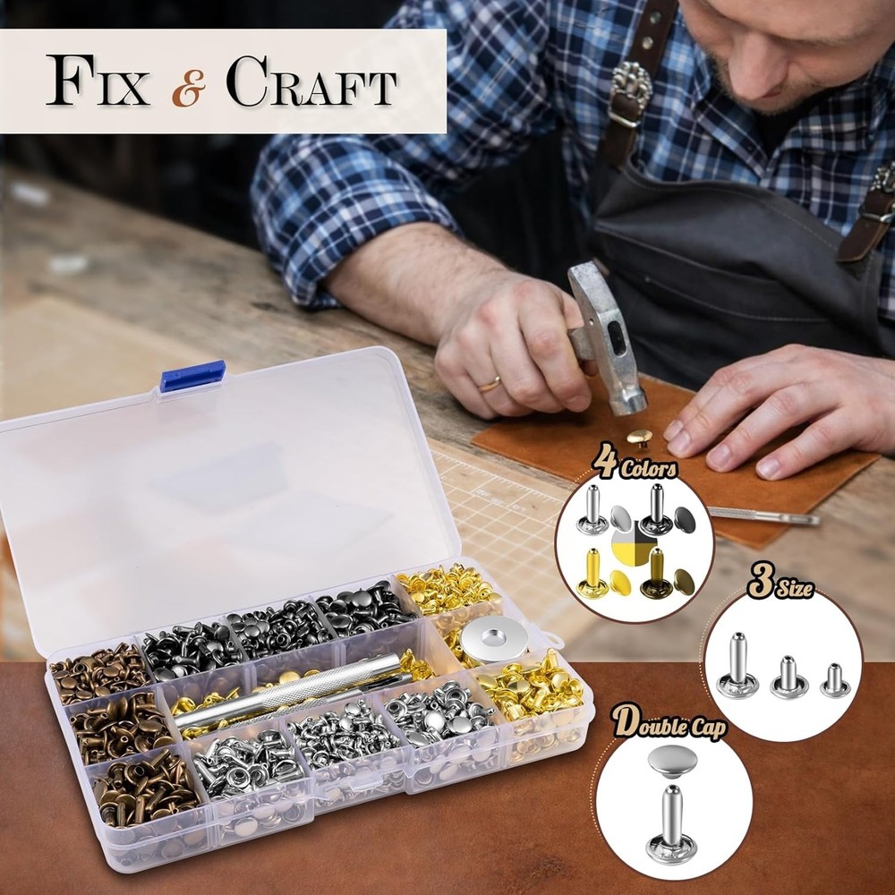 Leather Rivets Kit - 240 Double Cap Brass Sets with Tools & Storage Box