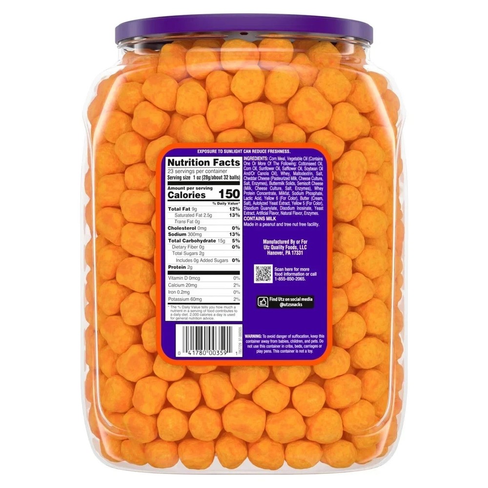 Utz Cheese Balls, 23 oz Barrel