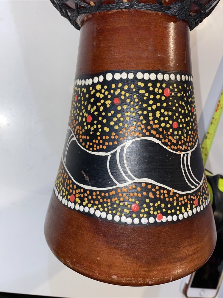 Hand Carved Djembe Solid Wood Hand Painted Python, Carrying Strap, Great Sound