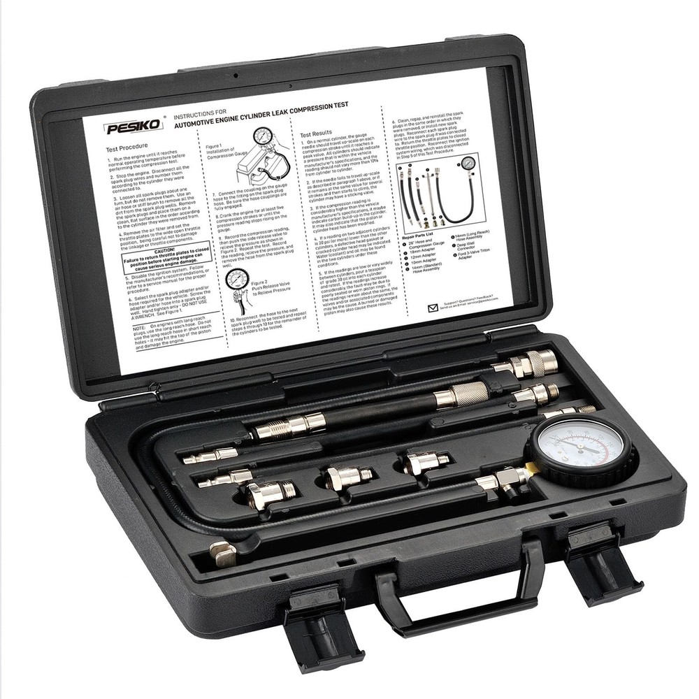 Engine Compression Tester Kit - 0-300 PSI Cylinder Gauge, Spark Plug Adapters fo