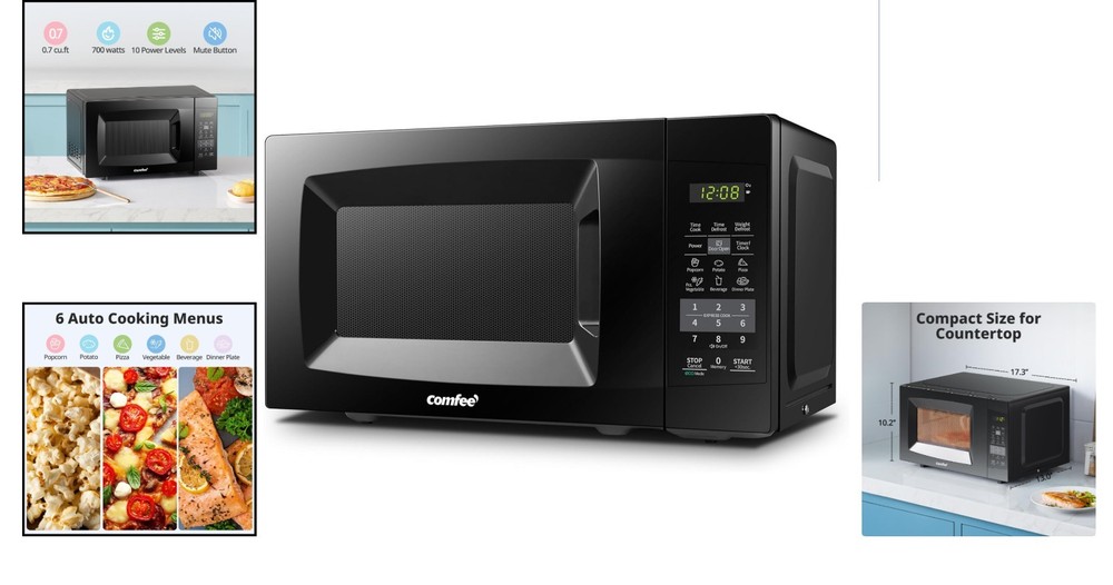 Quiet Compact Countertop Microwave with 9 Cooking Programs & Safety Lock - Black