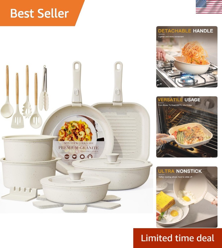 23Pcs Stackable Non-Stick Cookware Set: Detachable Handles, Oven Safe