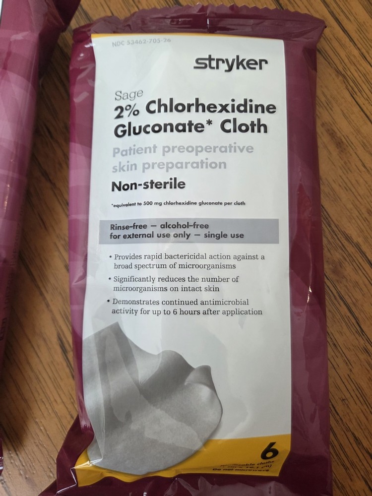 Stryker Sage 2% Chlorhexidine Gluconate Cloth 6 per pkg 2 pkgs Pre-op Prep