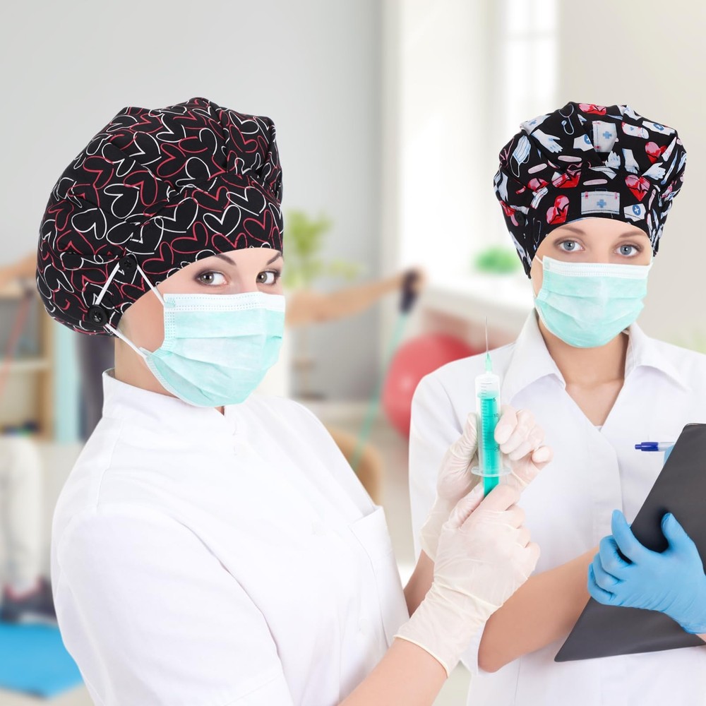 4 Pieces Bouffant Caps with Button Sweatband Adjustable Nurse Working Hat