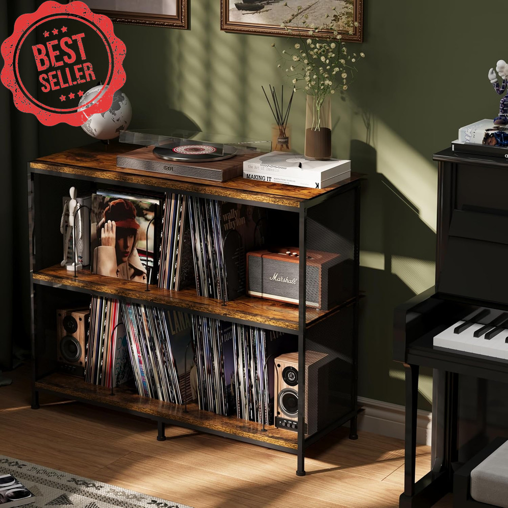 3-Tier Vinyl Record Storage Stand Holds 450 w/Turntable Table&Adjustable Divider
